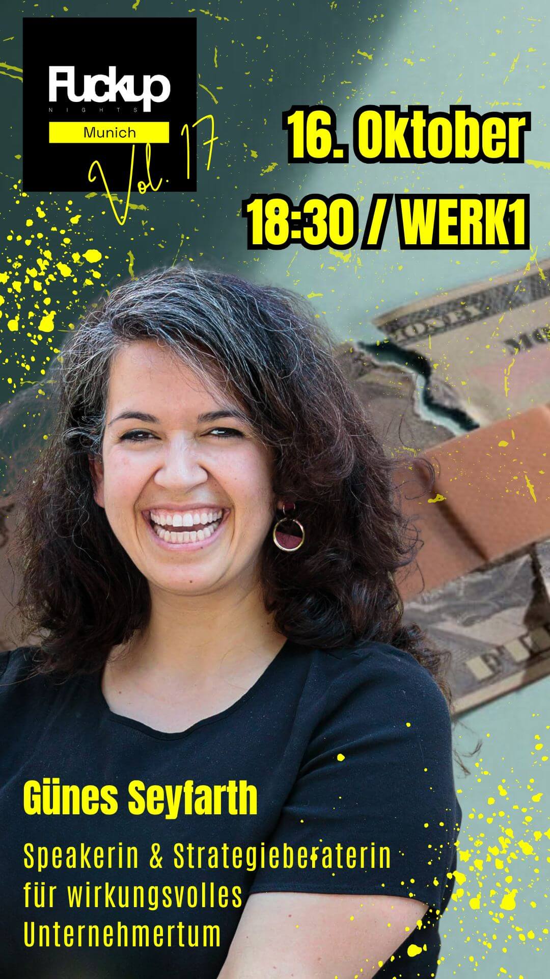 FuckupNights Munich Vol. 17 Speaker Günes Seyfarth, Host Michaela Forthuber Entscheidungsarchitektin